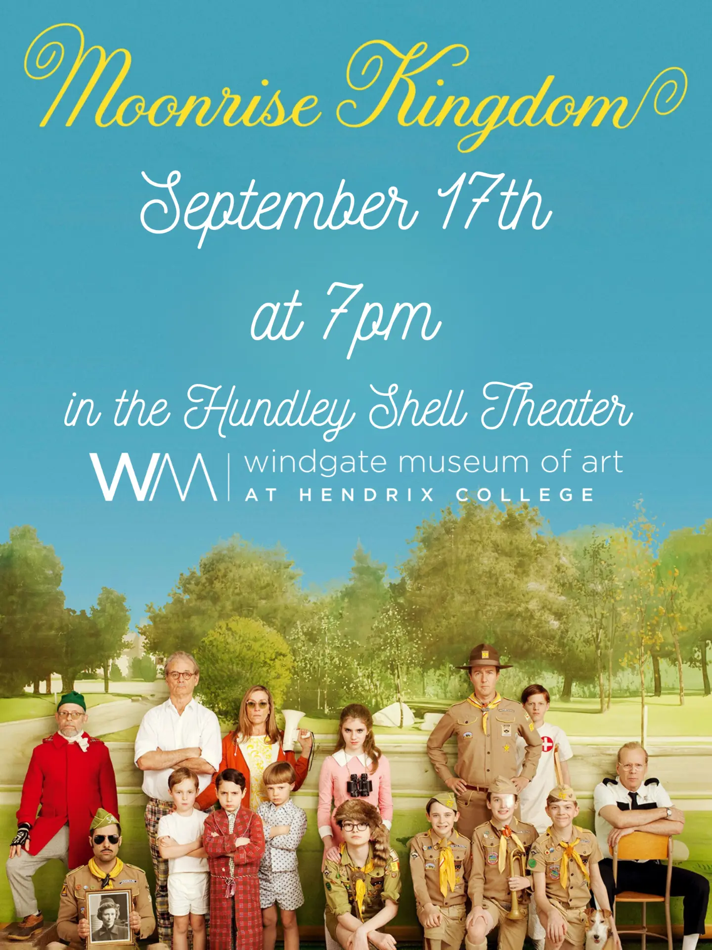Moonrise Kingdom screening poster and social announcement set for the Windgate Museum of Art.